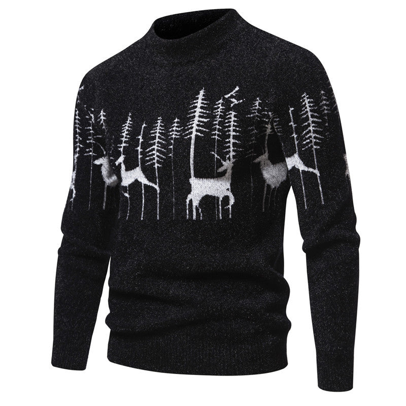 Christmas Sweater Men's Warm Deer Printed Round Neck Sweater - Minihomy