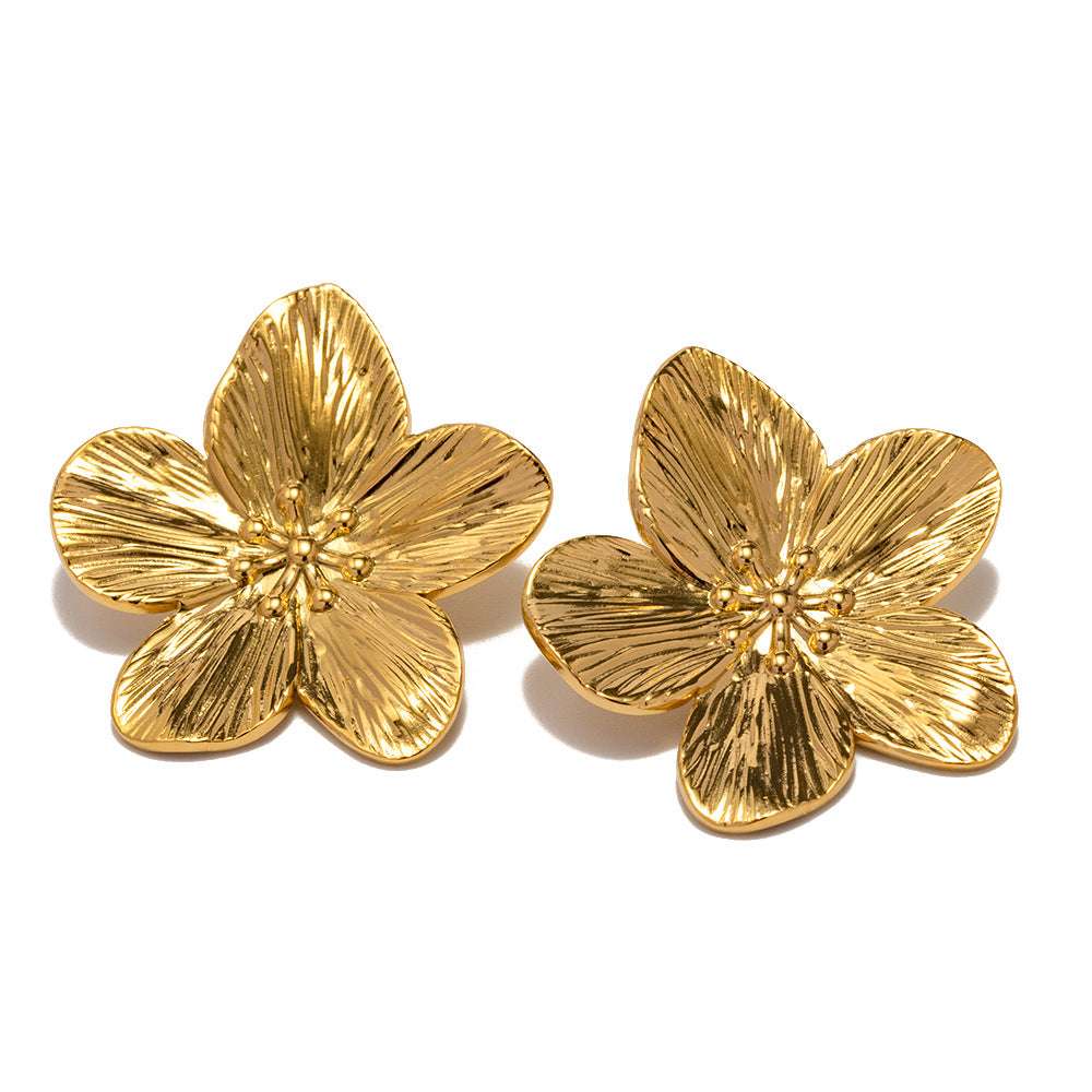 French Royal Style Dull Vintage Gold Stainless Steel Flower Metal Stud Earrings - Minihomy