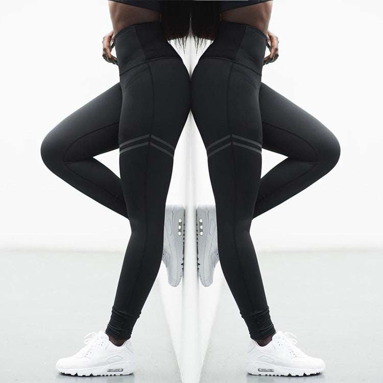 High waist solid color cross-border striped stretch yoga pants - Minihomy