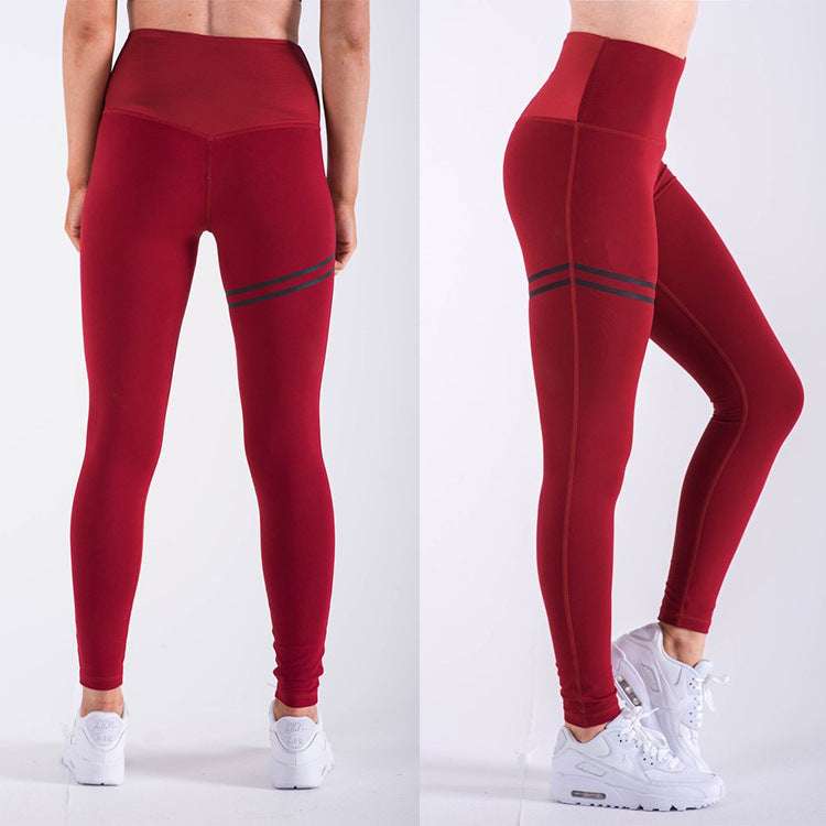 High waist solid color cross-border striped stretch yoga pants - Minihomy