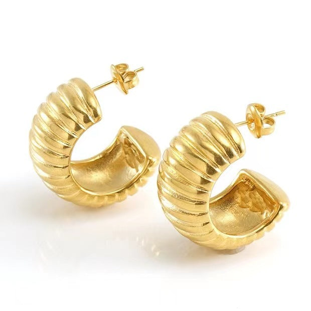 18K Stainless Steel Wide Stripe C-Shaped Earrings for Women - Hypoallergenic & Trendy - Minihomy