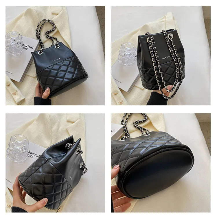 Korean Style Simple Women's Fashion Diamond Texture One-shoulder Bucket Crossbody Bag - Minihomy