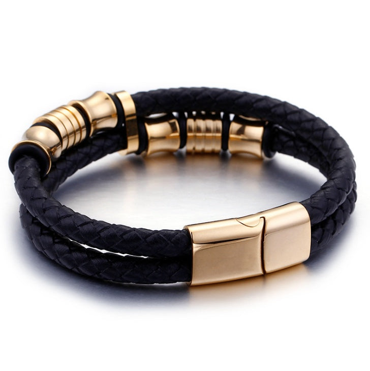 Gold Color Stainless Steel Leather Bracelet Men Black Mens Leather Wrap Bracelets Jewelry Wristband With Magnet Clasp - Minihomy