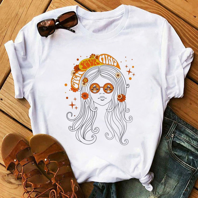 Funny Mushroom Print T-shirt Casual Round Neck Short Sleeves Printed Pullover Women - Minihomy