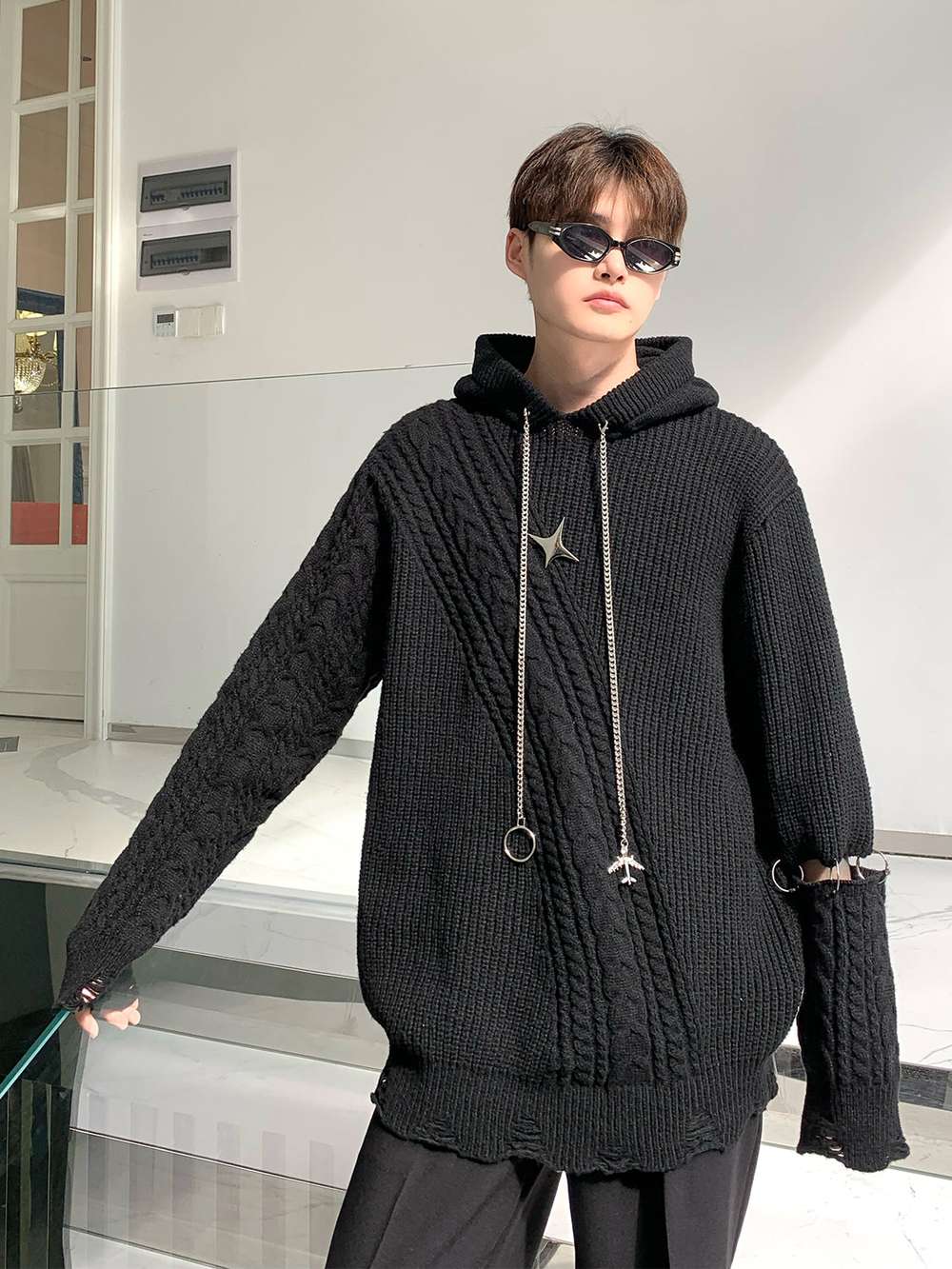 Autumn Winter Hooded Woven Textured Sweater - Minihomy