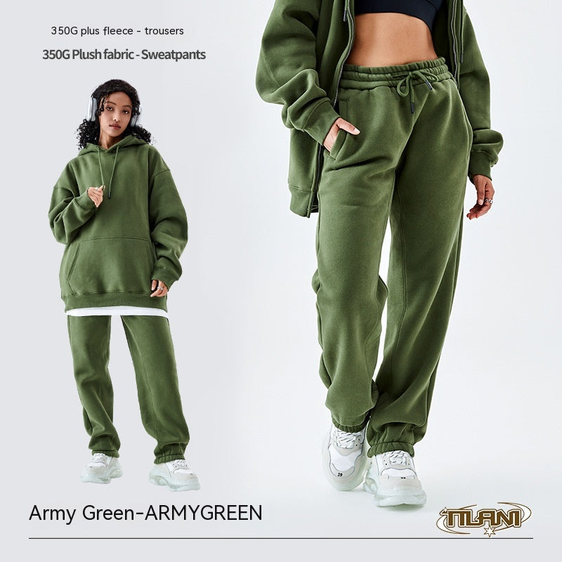 Fleece-lined Thick Loose Solid Color Sweatpants - Minihomy