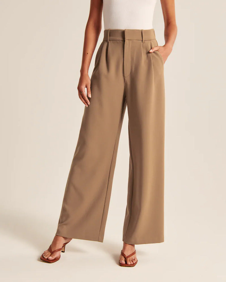 High Waist Straight Trousers With Pockets Wide Leg Casual Suit Pants For Women - Minihomy