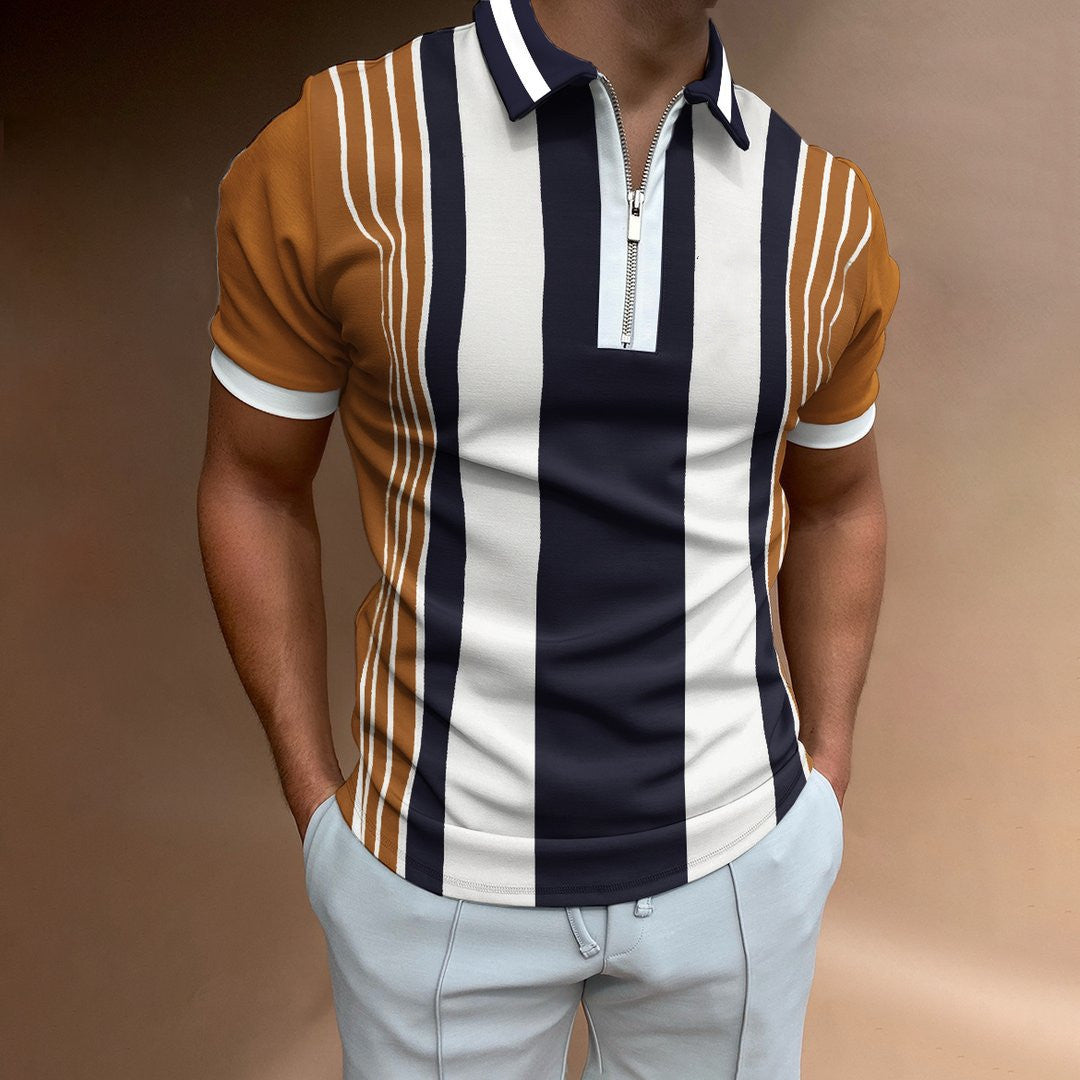 Short Sleeve POLO Shirt Casual Striped Plaid Print Zip Sweatshirt