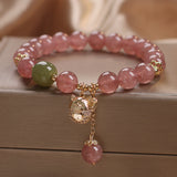 Natural Strawberry Quartz Lucky Cat Beaded Bracelet - Minihomy