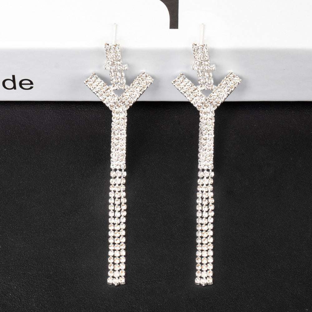 925 Silver Needle Ornaments Rhinestone Letter B Earrings Banquet Tassel Ear - Minihomy