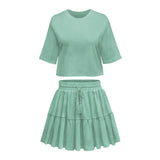 Round Neck Solid Color Half Sleeves Loose Top T-shirt Drawstring Pleated Skirt Commuter Suit