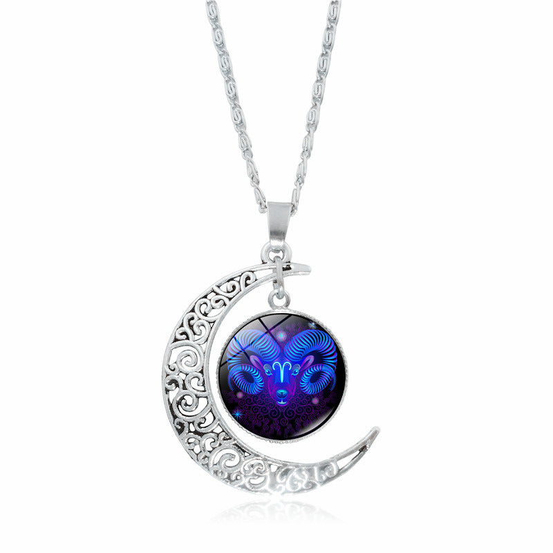 12 constellation time gemstone half moon pendant necklace - Minihomy