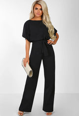 Women's Short Sleeve Lace Up Jumpsuit with Button Detail - 7 Colors