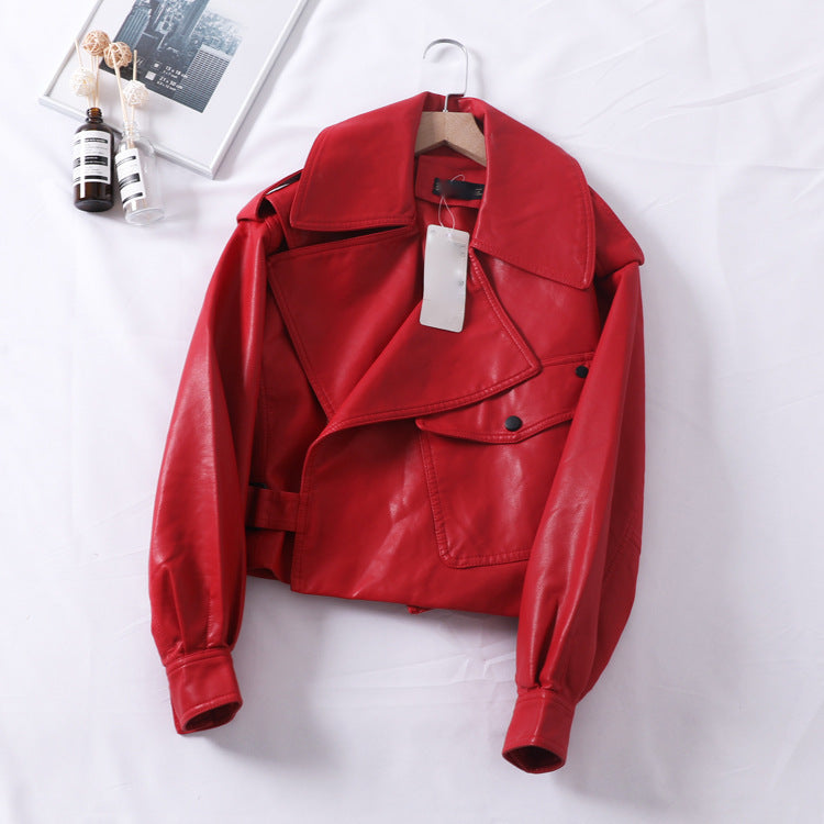 Cropped Leather Motorcycle Jacket - Loose Fit