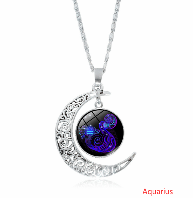 12 constellation time gemstone half moon pendant necklace - Minihomy