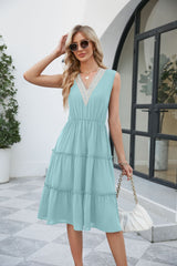 V-neck Dresses Women Sleeveless Pleated Ruffle Elegant Dress Beach Summer