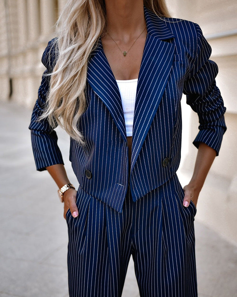 Women's Striped Casual Suit: Cropped Blazer & Pants Outfit