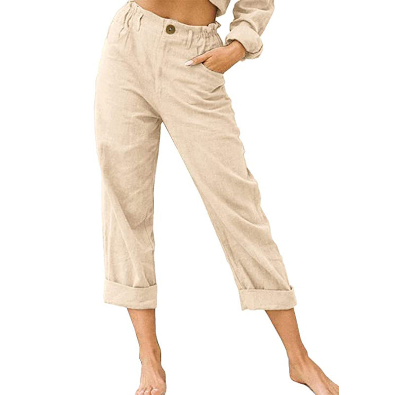 Patchwork Pant Women's Cotton Linen Pants Drawstring Back Elastic Waist Pants - Minihomy