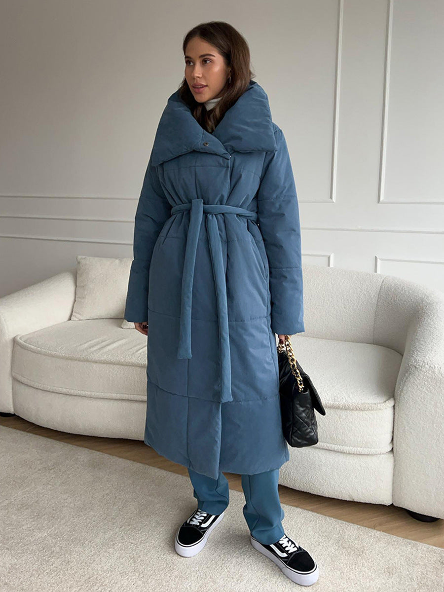 Women's Warm Winter Coat - Long Lapel, Cotton, Pockets, Lace-up