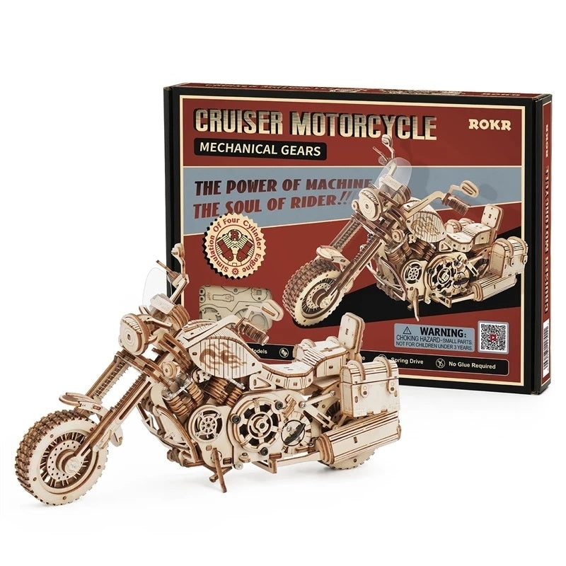 Rokr Cruiser Motorcycle DIY Wooden Puzzle Model - 420 Piece Building Block Kit