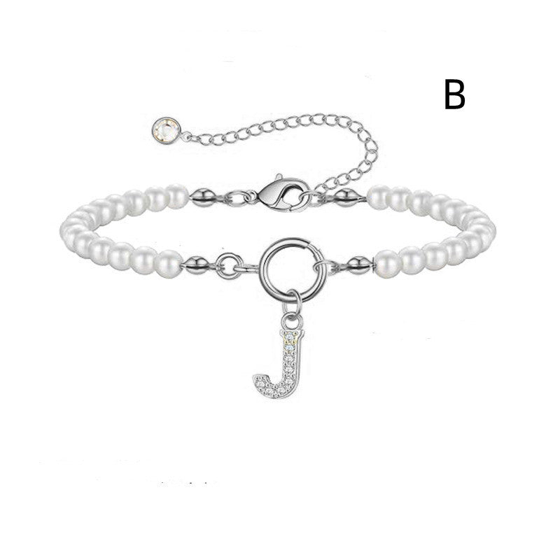 Personalized Initial Bracelet with Pearl Charm - A-Z Letter Toggle Clasp Jewelry Gift for Women - Minihomy