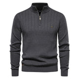 Men's Stand Collar Sweater Fashion Half-zipper Solid Color Striped Knit Sweater High Quality Slim Fit Top Clothing