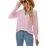 Solid Color Hollow-out Pleated Ruffle Shirt - V-neck Loose Long Sleeve Women's Top