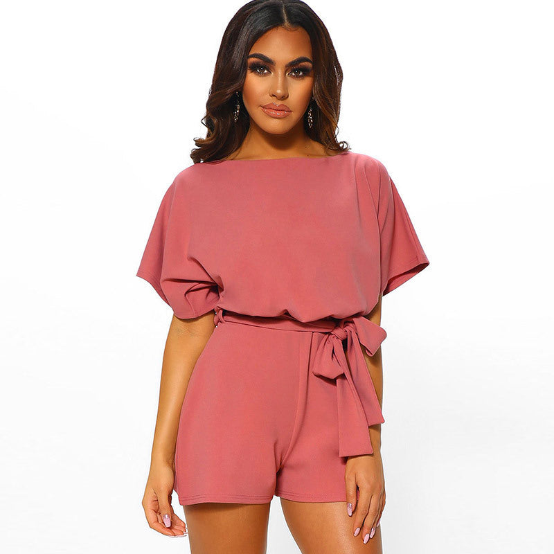 Solid Round Neck Short Sleeves with Belt Tight Waist Dress-up Loose Lady Romper