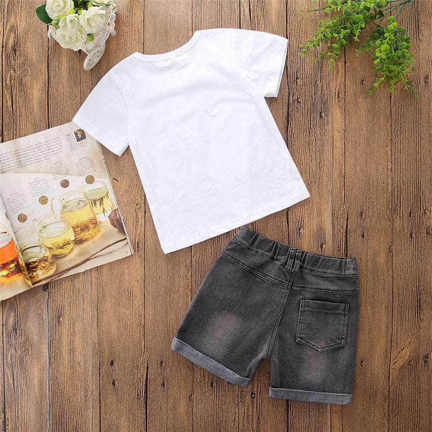 Boys' Short Sleeve Letter Denim Shorts Two-Piece Set - Minihomy