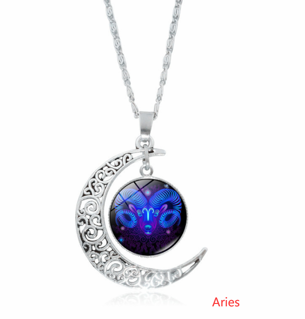 12 constellation time gemstone half moon pendant necklace - Minihomy