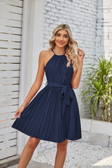 Halter Strapless Dresses For Women Solid Pleated Skirt Summer Beach Sundress - Minihomy