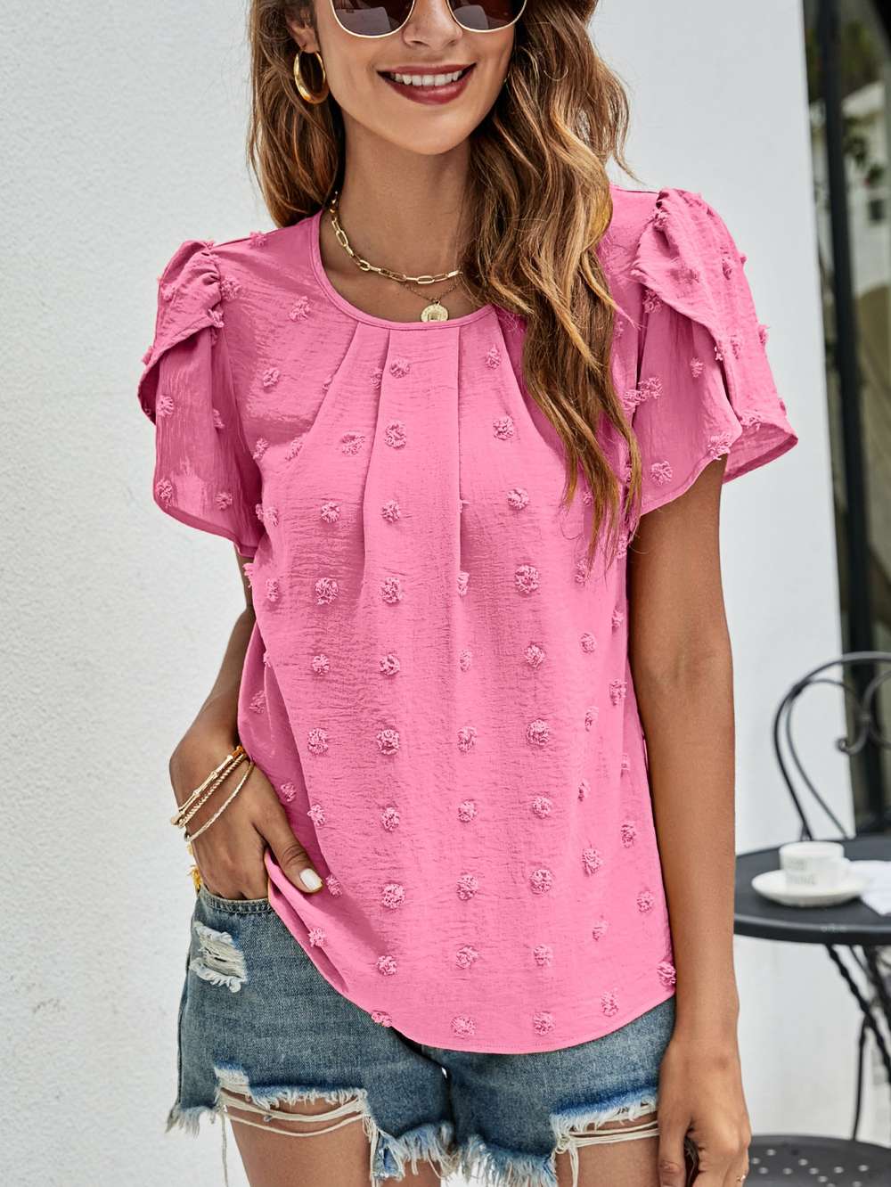 Crew Neck Casual Tulip Sleeve T-shirt Jacquard Top For Women - Minihomy