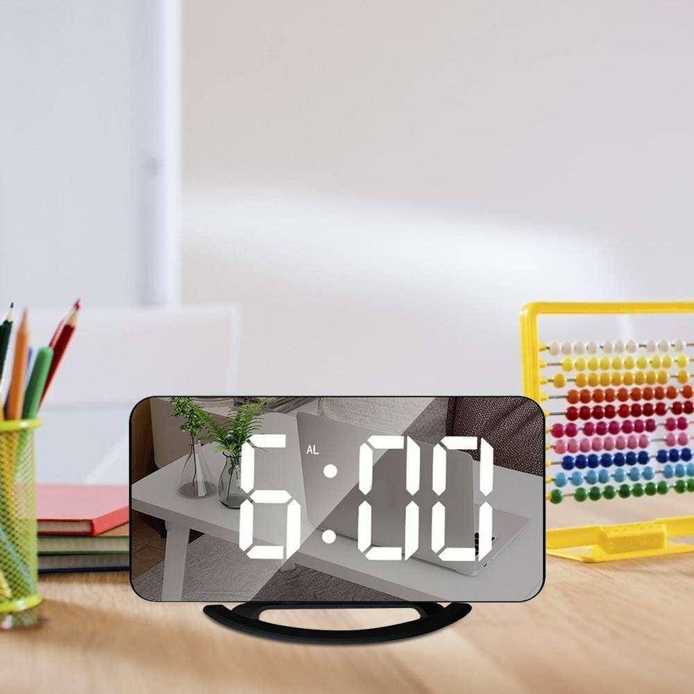 Digital Mirror Clock Dual USB Brightness Adjustable LED Display Table Alarm Dual USB Snooze Time Display For Home Office Bedroom - Minihomy