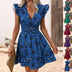 Flowers Print Ruffled Sleeveless Dress Summer Deep V-neck Slim-waist Short Dresses - Minihomy