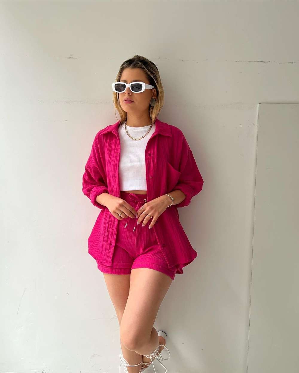 Long-sleeved Shirt High-waisted Drawstring Shorts Casual Two-piece Set - Minihomy