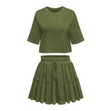 Round Neck Solid Color Half Sleeves Loose Top T-shirt Drawstring Pleated Skirt Commuter Suit