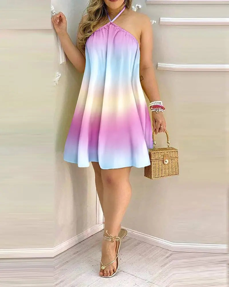 Printed Dress Summer Off-Shoulder Hanging Neck Sleeveless Dresses Women