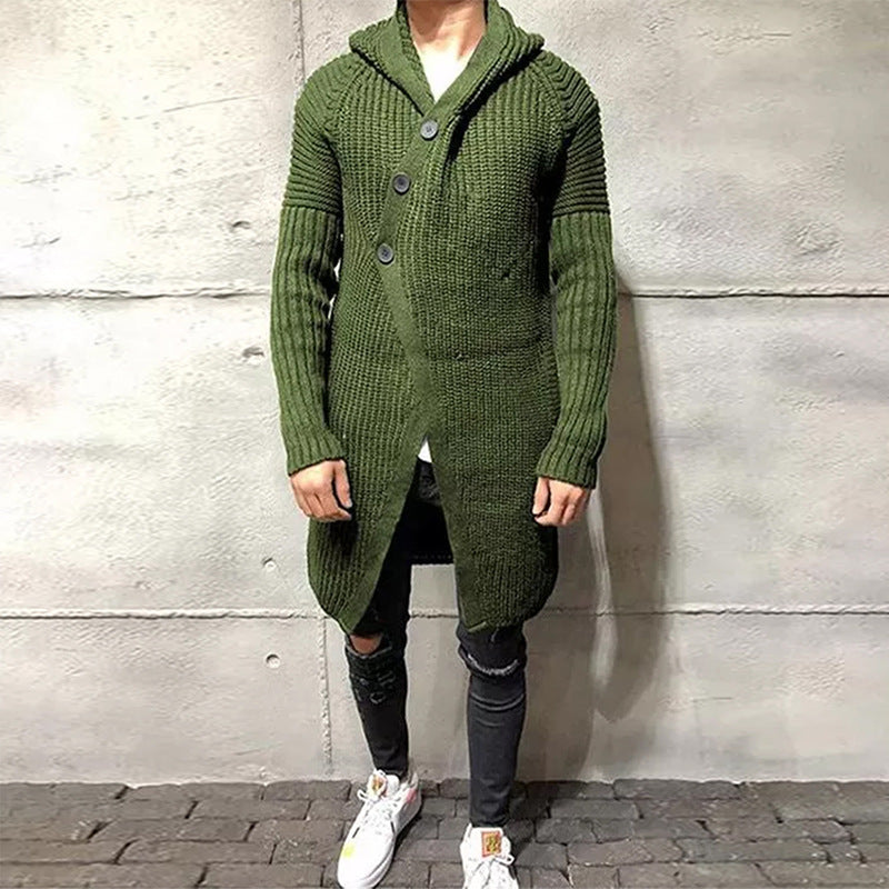 Long Knitted Hooded Sweater Coat Men Solid Color Button Casual Clothes - Minihomy