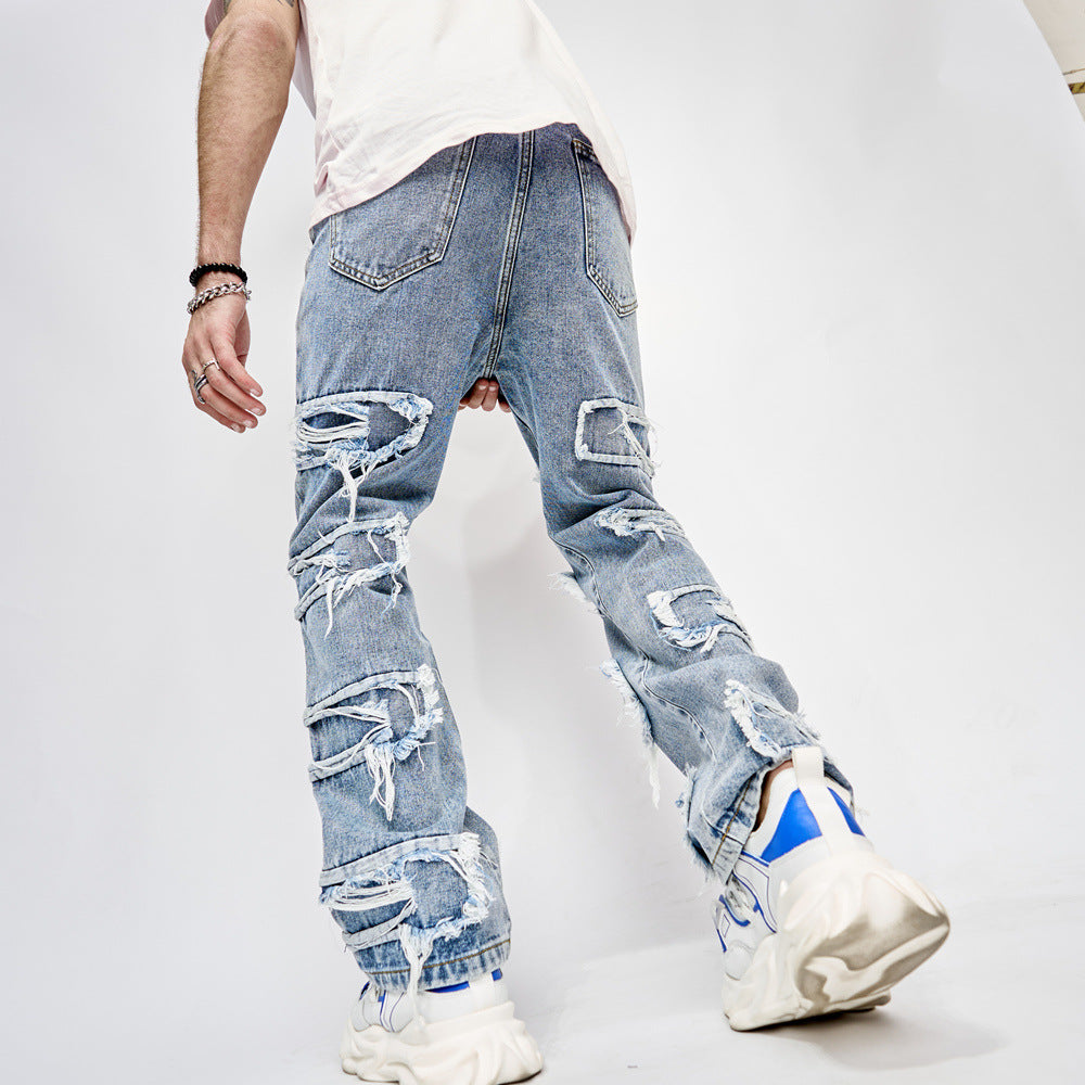 High Street Trousers - Men's Full-Length Patched Straight Fit Hip Hop Jeans - Minihomy