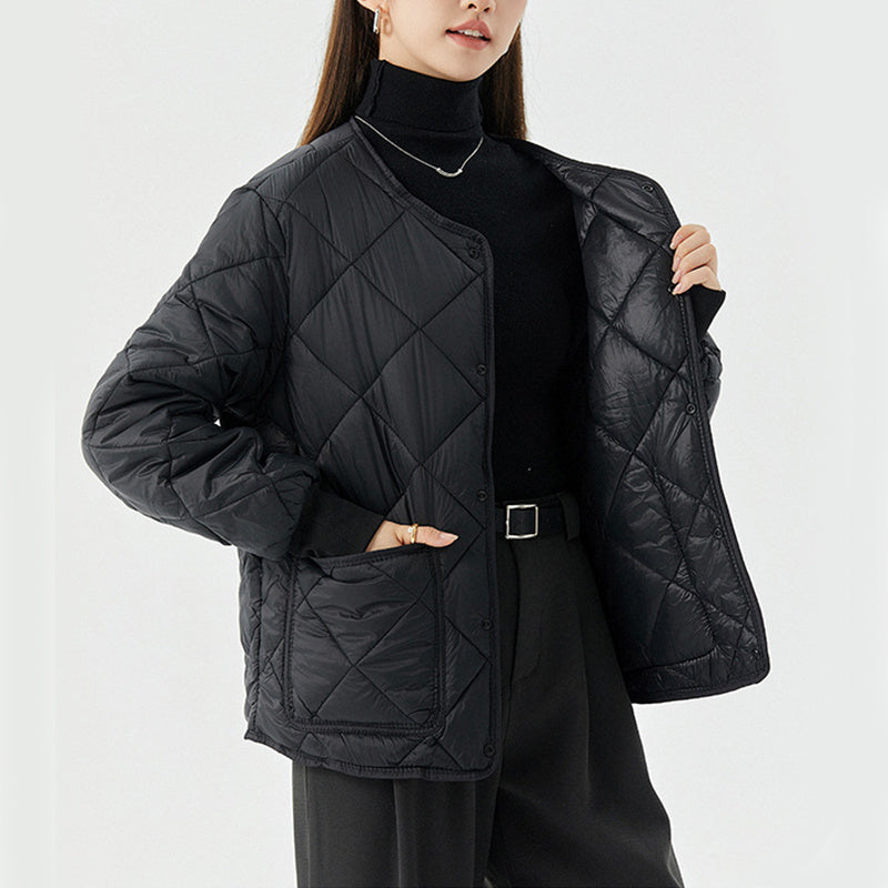 Women's Warm Winter Cotton Coat - Lightweight Rhombus Jacket with Pockets