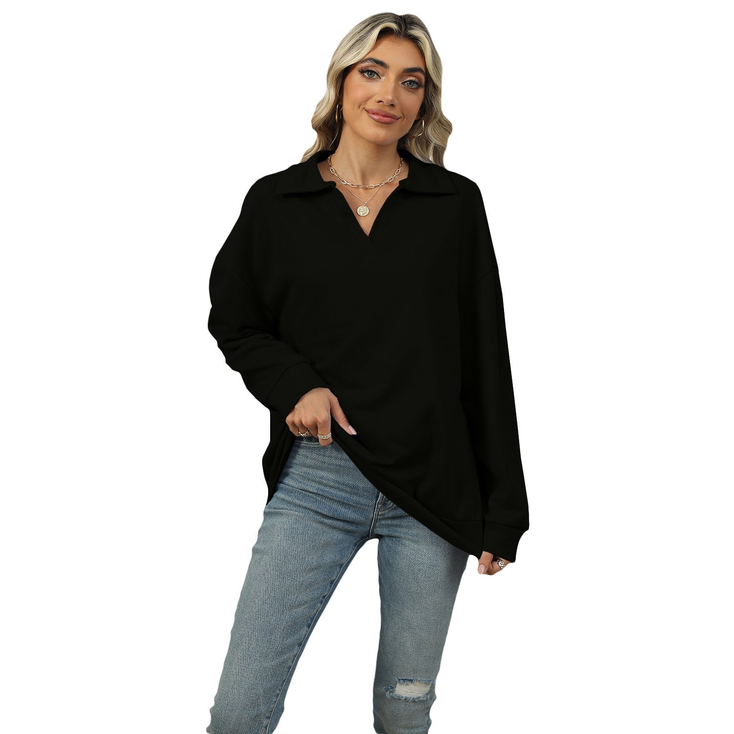 New Lapel V-neck Sweatshirt Fashion Casual Loose Solid Color  Long-sleeved Pullover Top For Womens Clothing - Minihomy