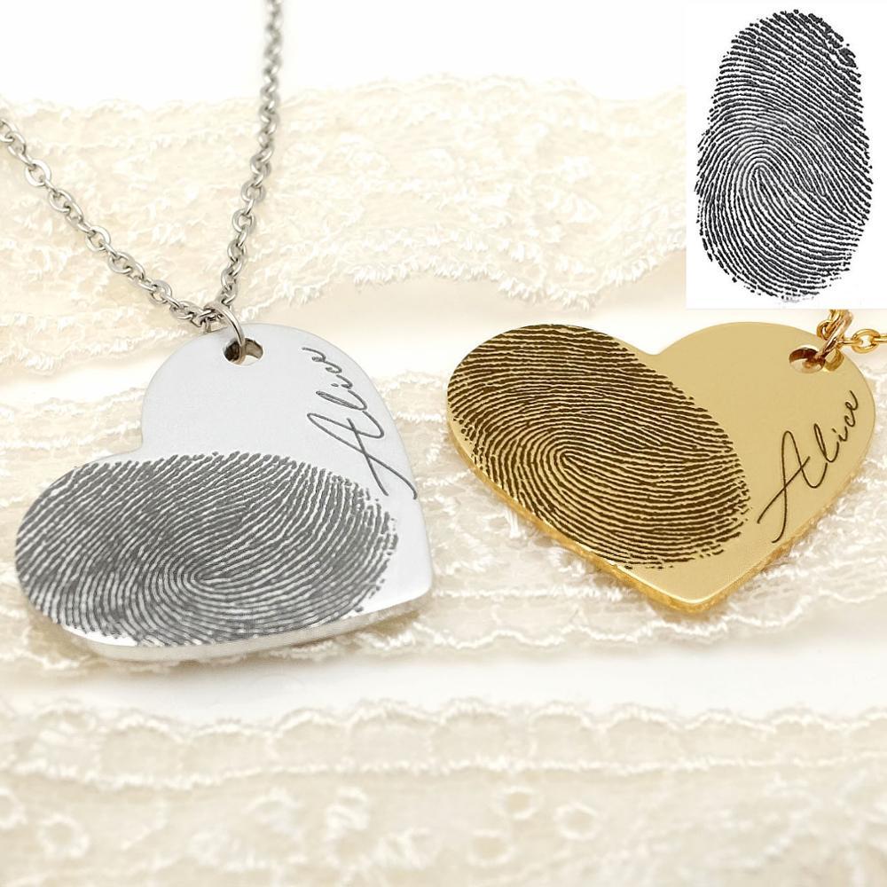 Personalized Fingerprint Necklace Custom Heart Necklace Name Necklace Memorial Gift Christmas Gift Valentines Day Gift - Minihomy