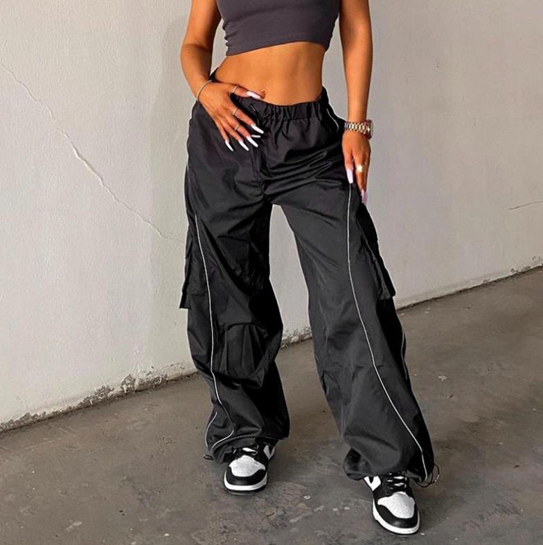 Women Baggy Low Waist Drawstring Cargo Pants Oversize Casual Wide Leg Parachute Trousers