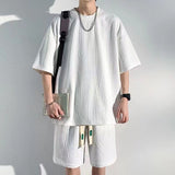 Men's Loose Waffle Short-sleeved Shorts Two-piece Set - Minihomy