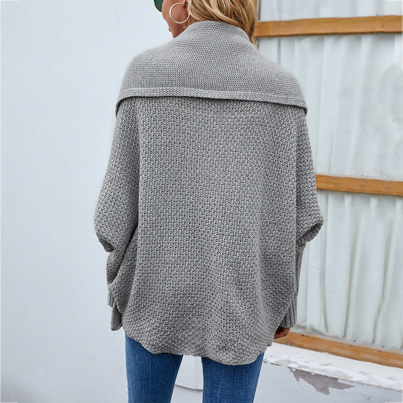 New Loose Knitted Sweater Solid Color Bat Sleeve Large Lapel Cardigan Autumn And Winter Fashion Jacket For Women Clothing - Minihomy