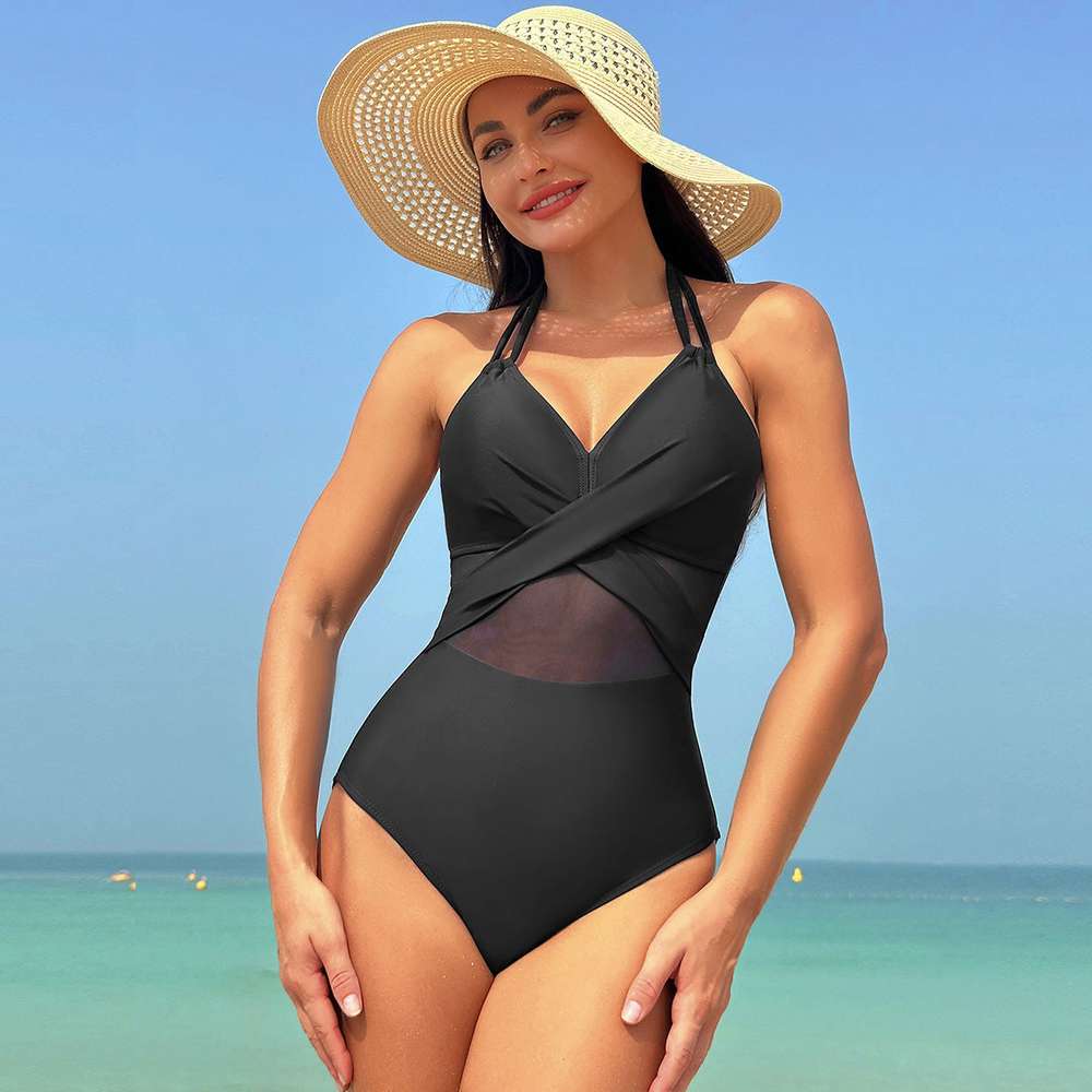 Halter-neck One-piece Swimsuit Summer Solid Color Cross-strap Design Mesh Bikini Beach Vacation Womens Clothing - Minihomy