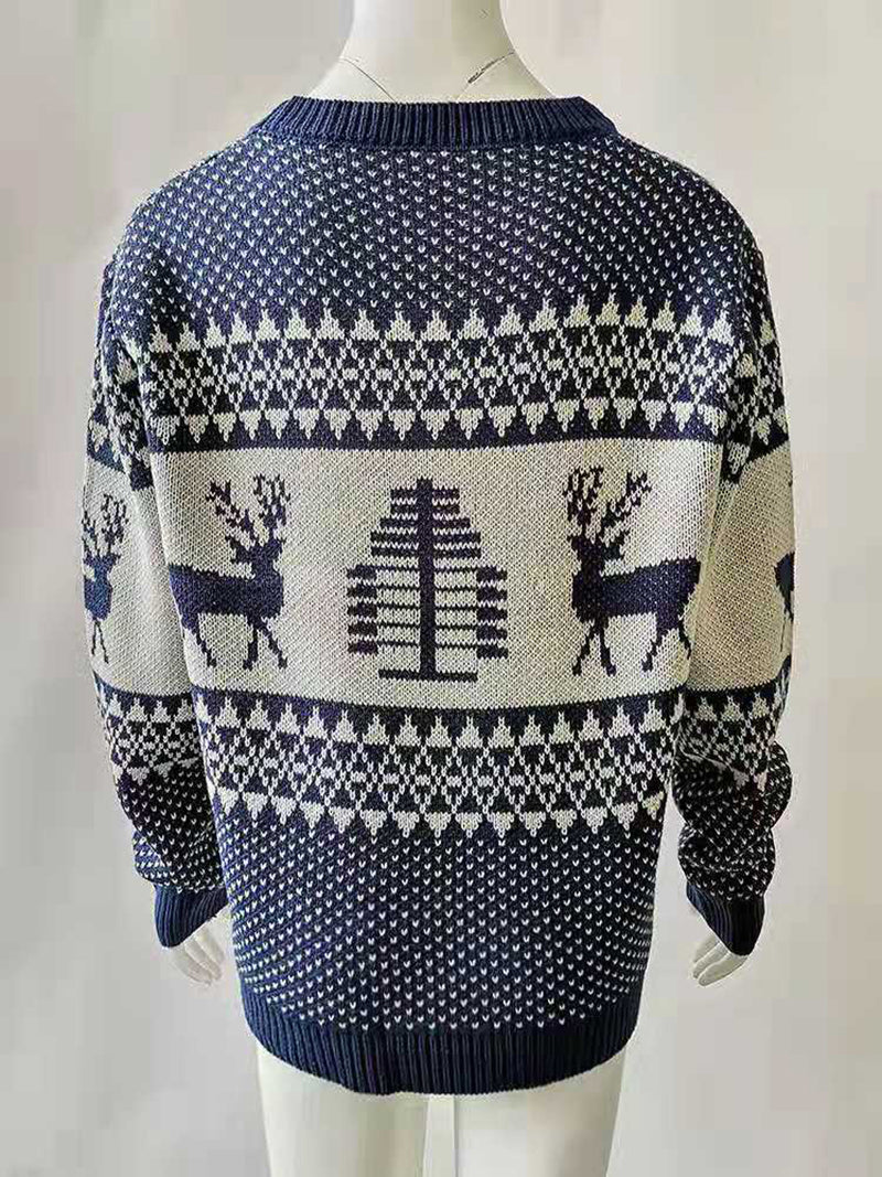 Christmas Sweater Cute Elk Geometric Print Knitted Sweater Women Winter Tops Clothes - Minihomy