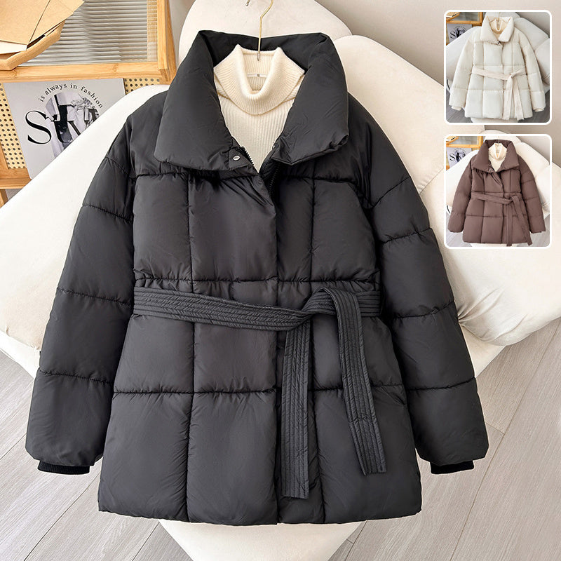 Women's Plaid Lapel Coat with Belt - Warm Winter Jacket