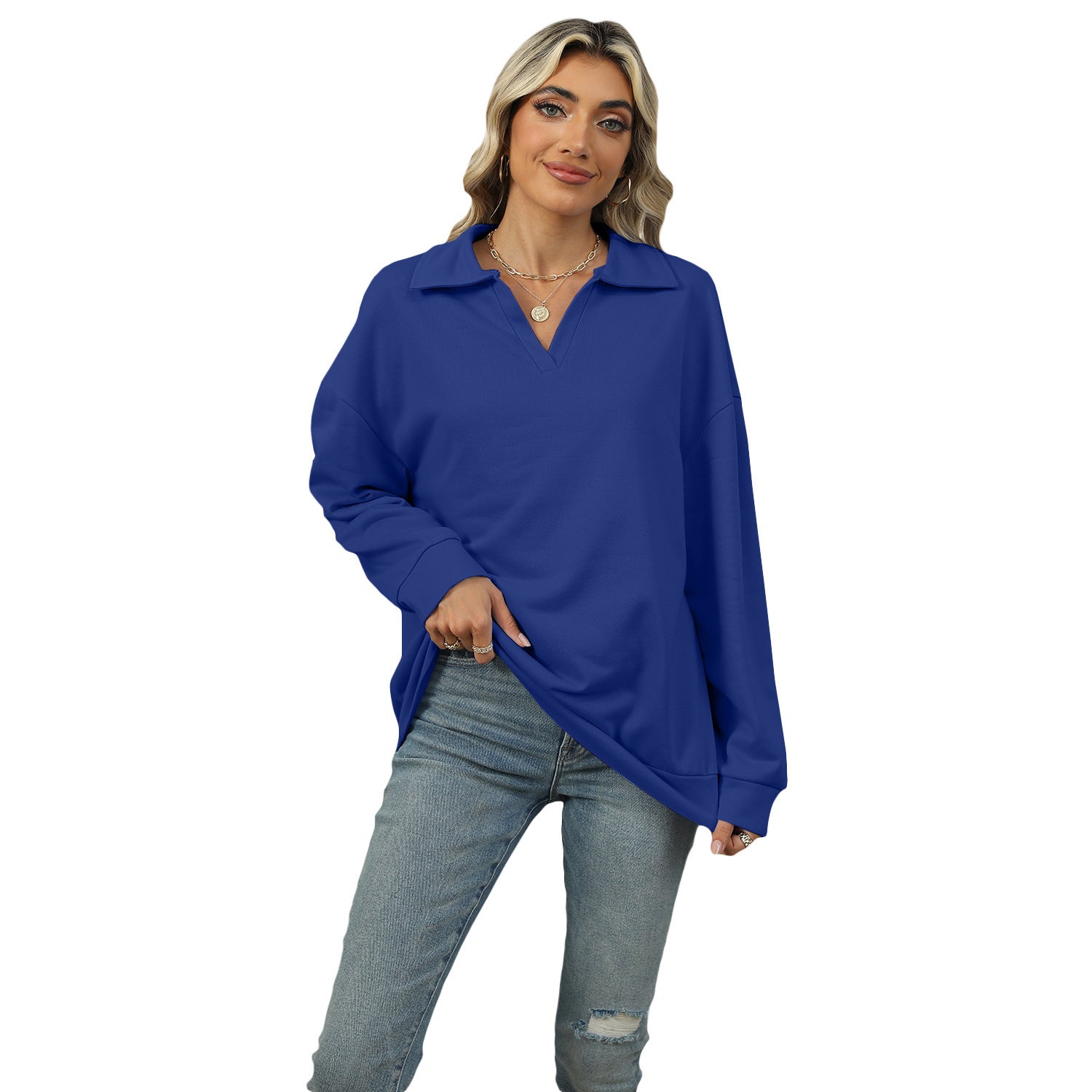 New Lapel V-neck Sweatshirt Fashion Casual Loose Solid Color  Long-sleeved Pullover Top For Womens Clothing - Minihomy