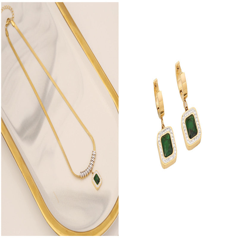 Diamond Emerald Zircon Necklace Stainless Steel Jewelry Set: Elegant and Timeless - Minihomy